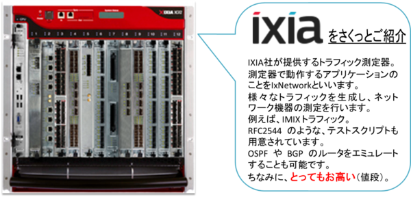測定器『IXIA』。IXIA社が提供するトラフィック測定器。IMIXトラフィック　RFC2544のようなテストスクリプトが用意され、OSPFやBGPのルータをエミュレートできる