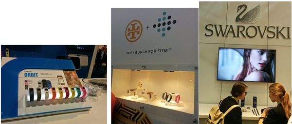 左：オーストリアのRuntastic社のORBIT・真ん中：Tory BurchとFitBitの提携製品・右：MisfitとSwarovskiの提携製品