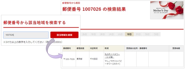 日本郵便株式会社の郵便番号検索ページ