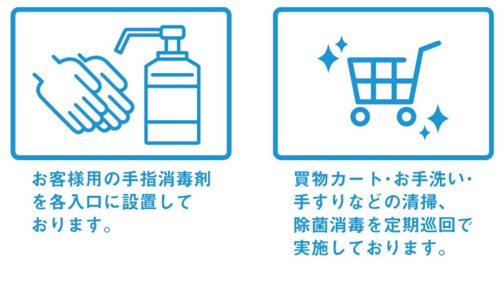 消毒剤の設置、カートやお手洗い、手すりの定期的な除菌