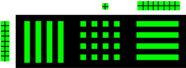 図15  解像度測定に使ったパターン。黒枠外のように２画素幅の縦線、横線、 2x２画素の点で構成されている。
