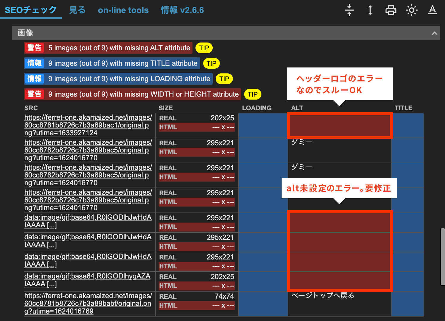 META SEO inspector ALTエラー表示について