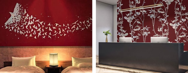 ホテルの客室や受付に螺鈿細工の柄