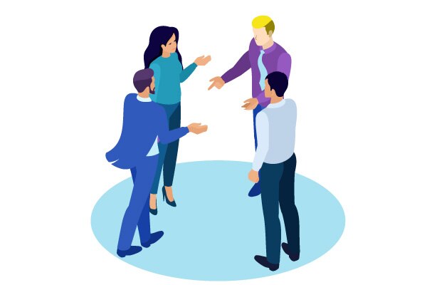 立って話す様々な国の男女が描かれたイラスト
