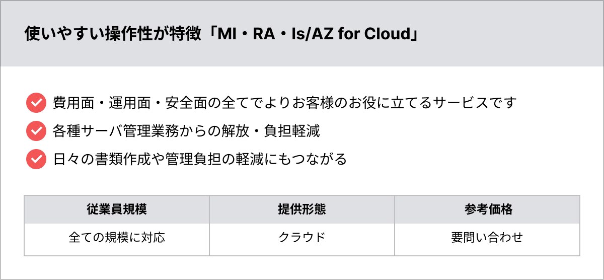 使いやすい操作性が特徴「MI・RA・Is/AZ for Cloud」