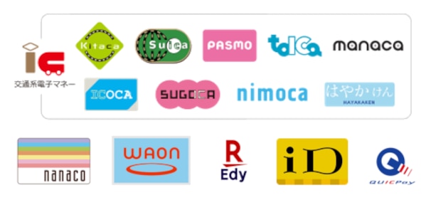 電子マネー(交通系、nanaco、waon、楽天Edy、iD、QuickPay)