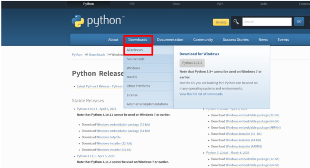 PythonサイトDownloadsを選択