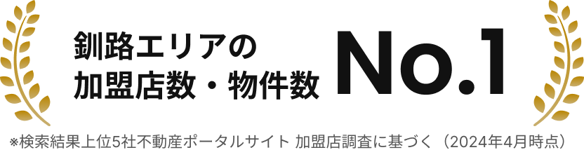 釧路エリアの加盟店数・物件数No.1 ※検索結果上位5社不動産ポータルサイト加盟店調査に基づく（2024年4月時点）