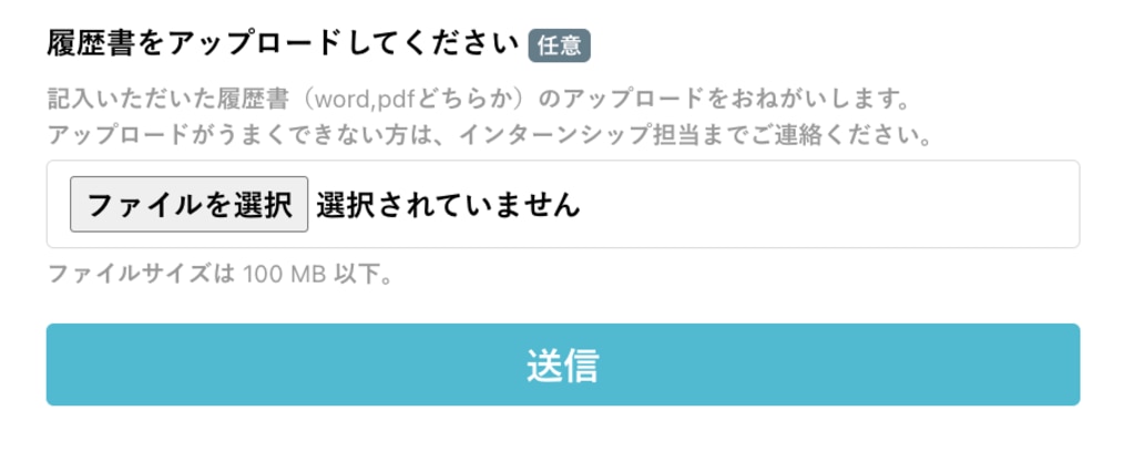 ファイルアップロード項目にて履歴書をアップロード