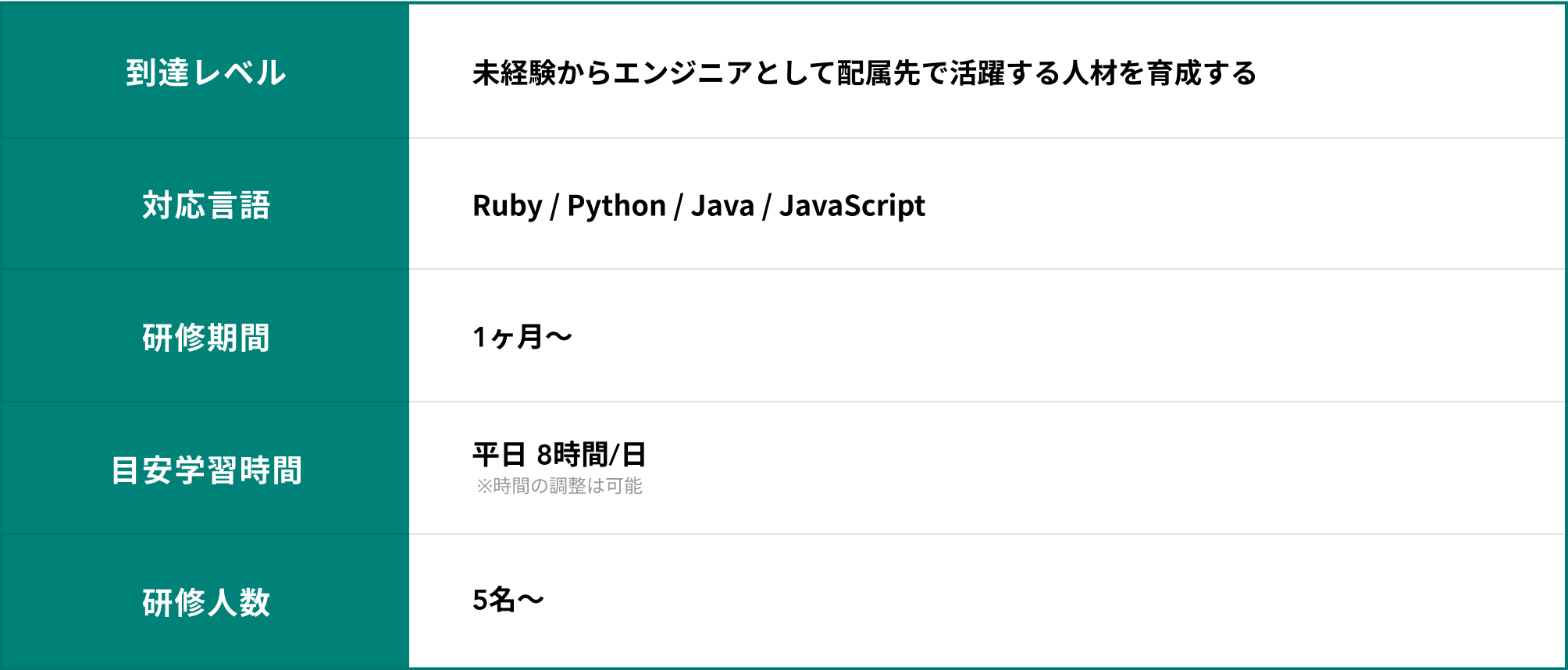 到達レベル：未経験からエンジニアとして配属先で活躍する人材を育成する/対応言語：Ruby / Python / Java / JavaScript/研修期間：1ヶ月〜/目安学習時間：平日 8時間/日(※時間の調整は可能)/研修人数：5名〜