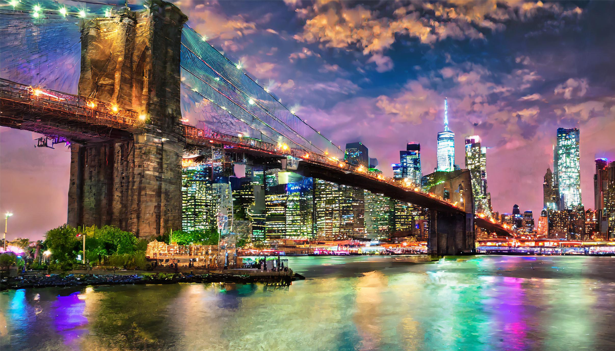 ブログ│Adobe Firefly Image 2、ニューヨーク、ブルックリンブリッジ、夜景、カラフルな照明、生成AI画像