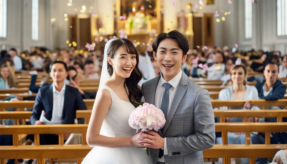 ブログ│東京渋谷の美しい日本人女性とお洒落な日本人男性が教会で結婚式を挙げている、ブーケトス、ウェディングドレス、チャペル、教会の庭、大勢の親族と友人たち、ストックフォト、生成AI画像