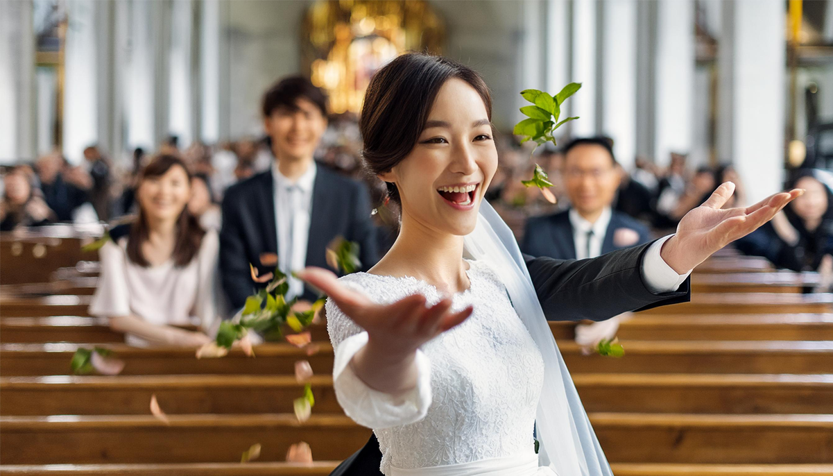 ブログ│Adobe Firefly、東京渋谷の美しい日本人女性とお洒落な日本人男性が教会で結婚式を挙げている、ブーケ、ウェディングドレス、チャペル、大勢の親族と友人たち、ストックフォト、生成AI画像、失敗例