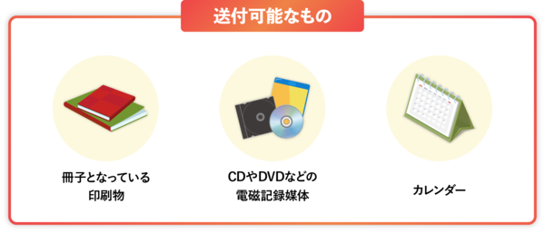 株式会社アテナのコラム記事「ゆうメールを活用したDM発送でコスト削減！」に使用されている送付可能なものの説明画像です。