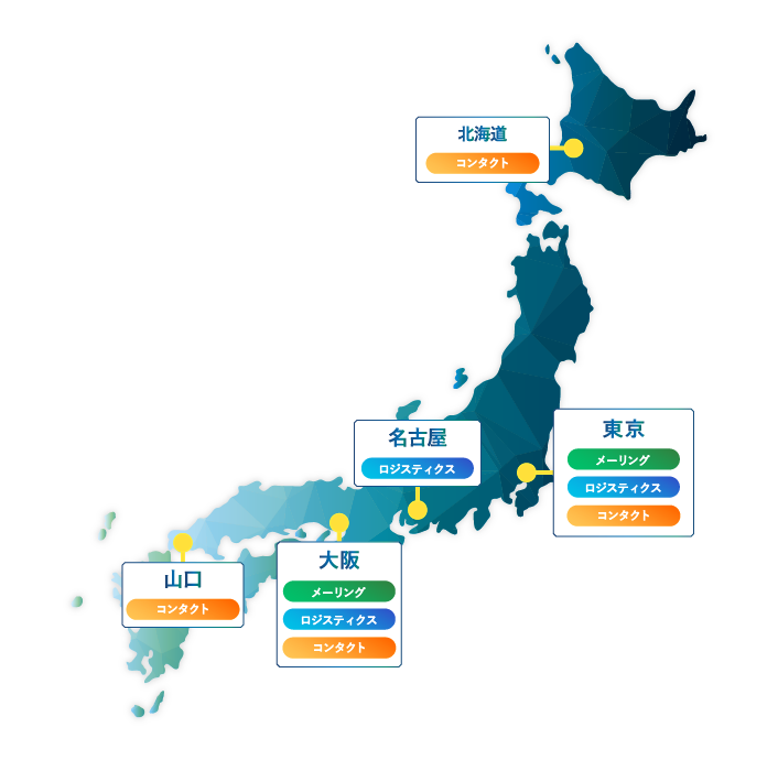 株式会社アテナの強みページで使用されている、拠点の一覧と機能をまとめた図です。