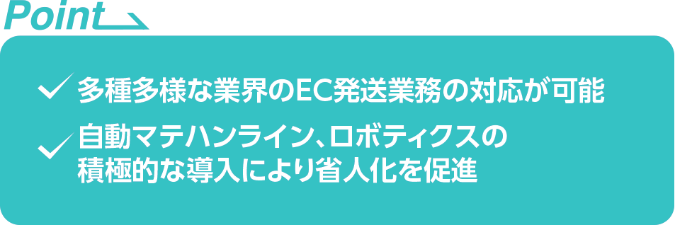 ・多種多様な業界のEC発送業務の対応が可能　・自動マテハンライン、ロボティクスの積極的な導入により省人化を促進