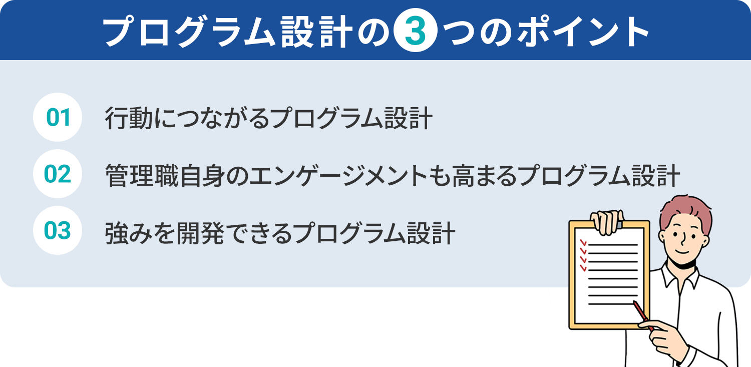 管理職向け従業員エンゲージメント向上研修_プログラム設計3つのポイント_まとめ図