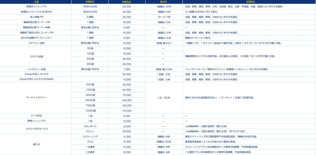 エン転職のオプション料金一覧