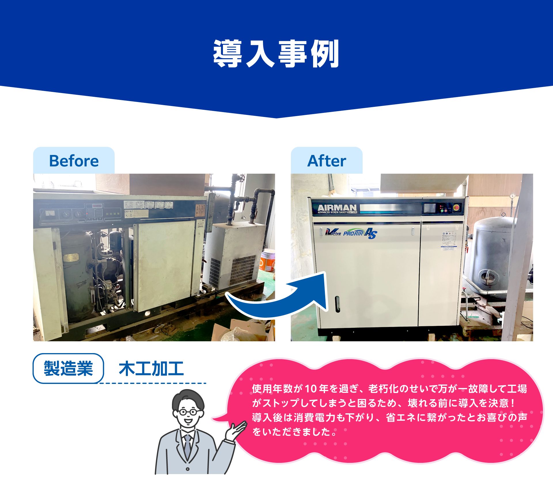 製造業のコンプレッサ導入事例