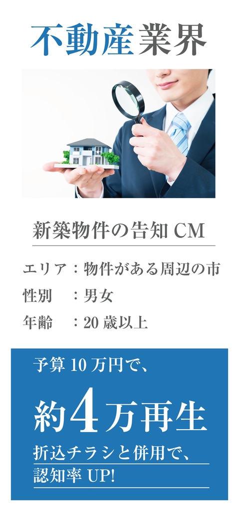 【不動産業界】新築物件告知のCM、予算10万円で約4万再生。折込チラシと併用で認知率UP！