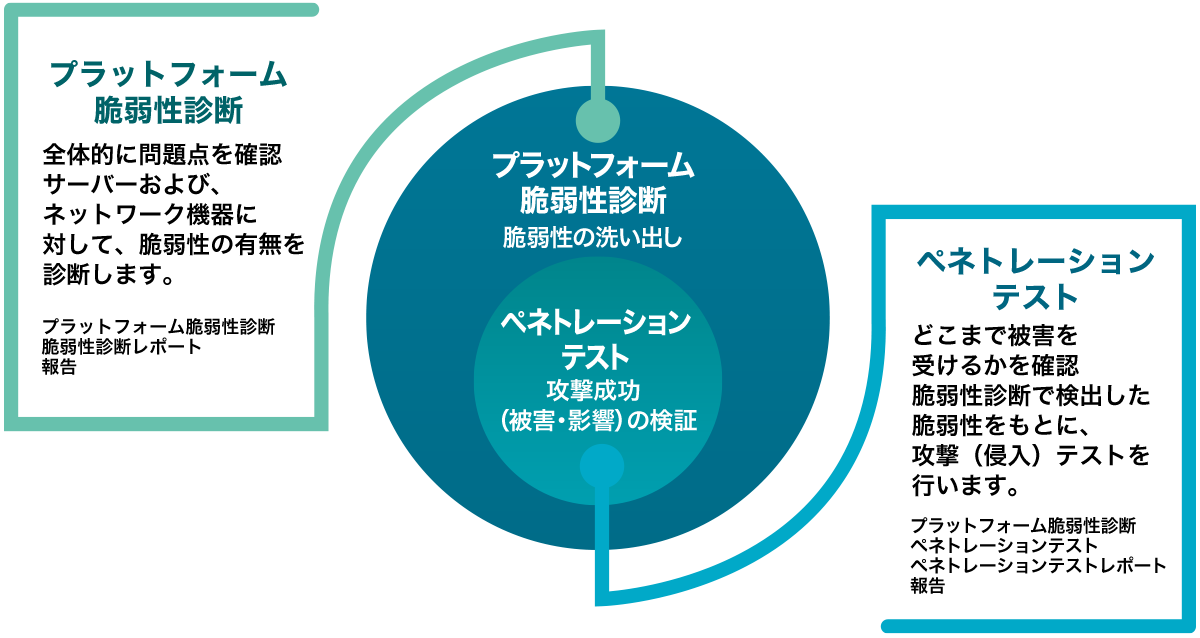 プラットフォーム脆弱性診断 								全体的に問題点を確認サーバ及び、ネットワーク機器に対して、脆弱性の有無を診断します。 								プラットフォーム脆弱性診断脆弱性診断、レポート、報告 								 								プラットフォーム脆弱性診断 								脆弱性の洗い出し 								ペネトレーションテスト 								攻撃成功（被害・影響）の検証 								 								ペネトレーションテスト 								どこまで被害を受けるかを確認脆弱性診断で検出した 								脆弱性をもとに、攻撃（侵入）テストを行います。 								プラットフォーム脆弱性診断、ペネトレーションテスト、ペネトレーションテストレポート、報告