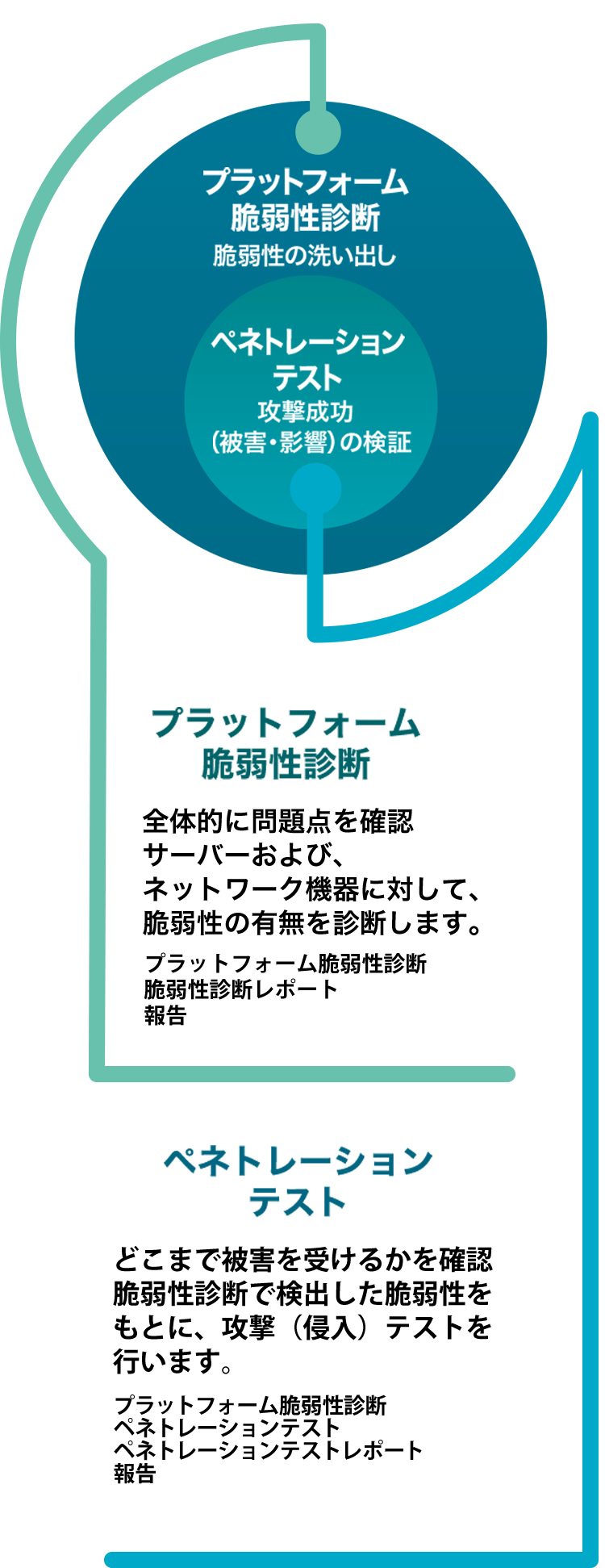 プラットフォーム脆弱性診断 								全体的に問題点を確認サーバ及び、ネットワーク機器に対して、脆弱性の有無を診断します。 								プラットフォーム脆弱性診断脆弱性診断、レポート、報告 								 								プラットフォーム脆弱性診断 								脆弱性の洗い出し 								ペネトレーションテスト 								攻撃成功（被害・影響）の検証 								 								ペネトレーションテスト 								どこまで被害を受けるかを確認脆弱性診断で検出した 								脆弱性をもとに、攻撃（侵入）テストを行います。 								プラットフォーム脆弱性診断、ペネトレーションテスト、ペネトレーションテストレポート、報告