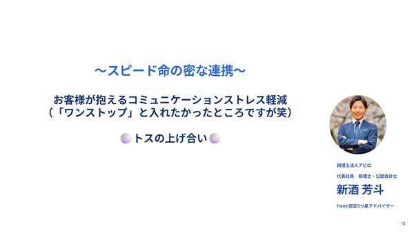 スピード命の密な連携　お客様が抱えるコミュニケーションストレス軽減（税理士法人アピロ 新酒芳斗さん）｜freee Seasonal Meetup 2022年3月
