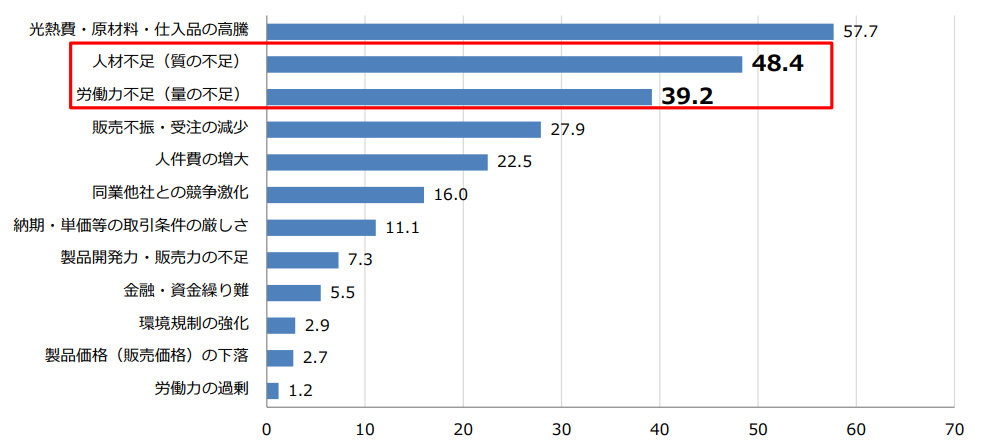 中小企業における経営上の問題（％）