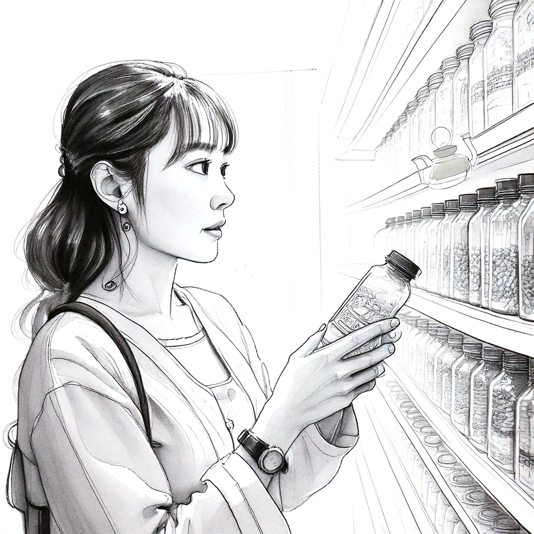 STORIES│POP広告を見てハーブティーの小瓶を手に取る女性