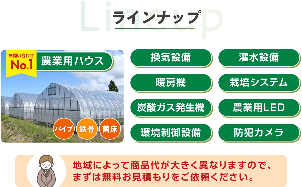 ラインナップ、農業用ハウス（パイプハウス・鉄骨ハウス・菌床ハウス）/ 農業用フィルム / 換気設備（循環扇・天窓・側面・妻面）/ 自動カーテン設備 / 灌水設備 / 冷暖房設備（暖房機・冷暖房装置）/ 炭酸ガス（CO2）発生機 / 栽培システム / 環境制御設備 / 農業用LED / 防犯・監視カメラ / 作物保管庫（プレハブ庫・多目的保冷庫）