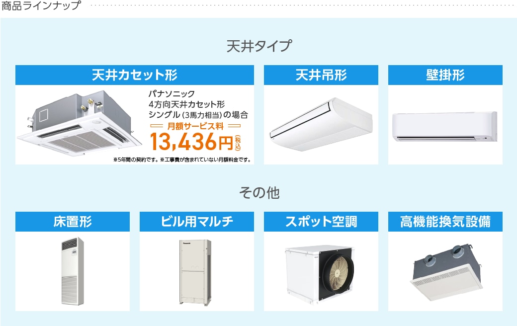 商品ラインナップ│天井カセット形・天井吊形・壁掛形・床置形・ビル用マルチ・スポット空調・高機能換気設備など