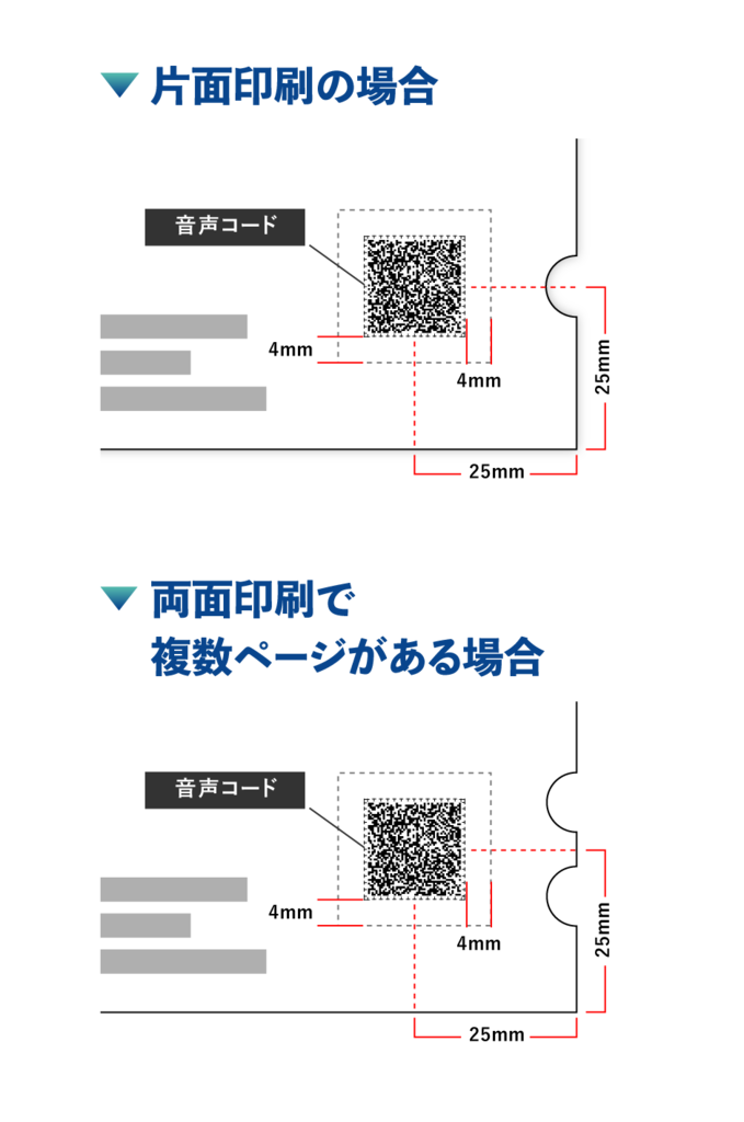 戸籍振り仮名の通知ハガキに印字する音声コードのイメージ画像（切り欠き2つ）