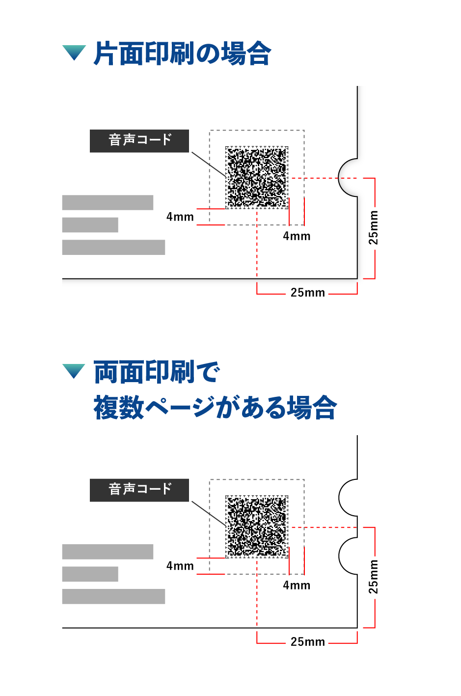 戸籍振り仮名の通知ハガキに印字する音声コードのイメージ画像（切り欠き2つ）