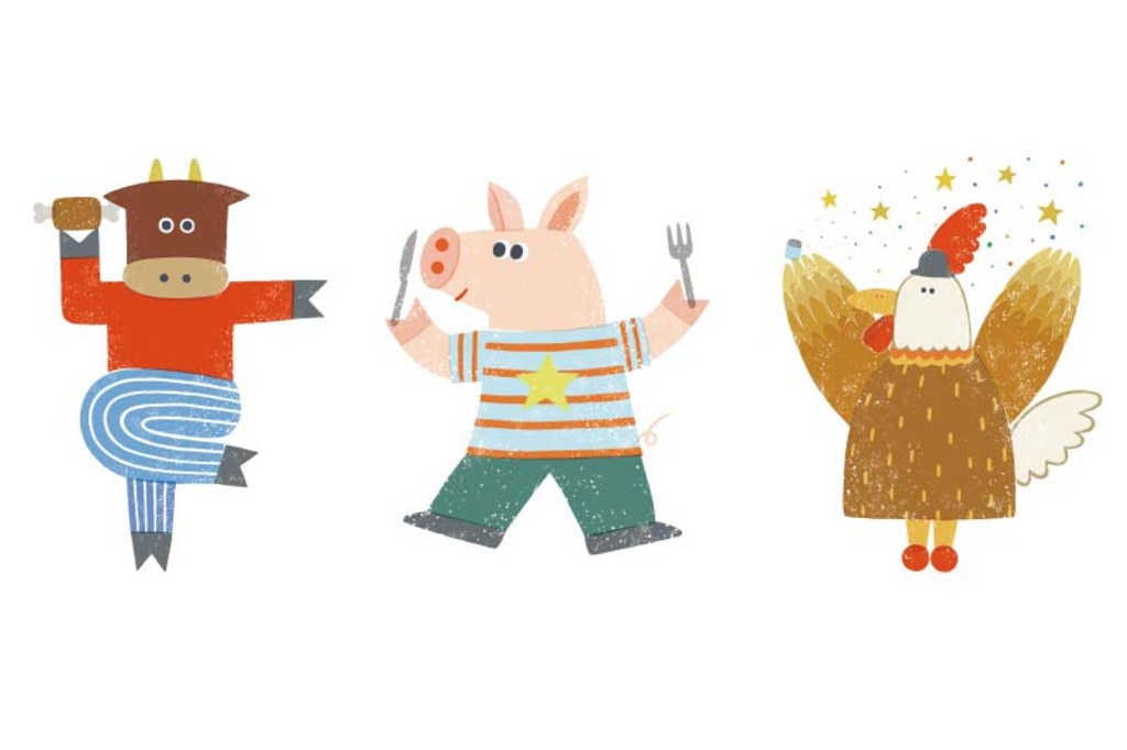 ポップでかわいい牛、豚、鳥のイラストの壁紙