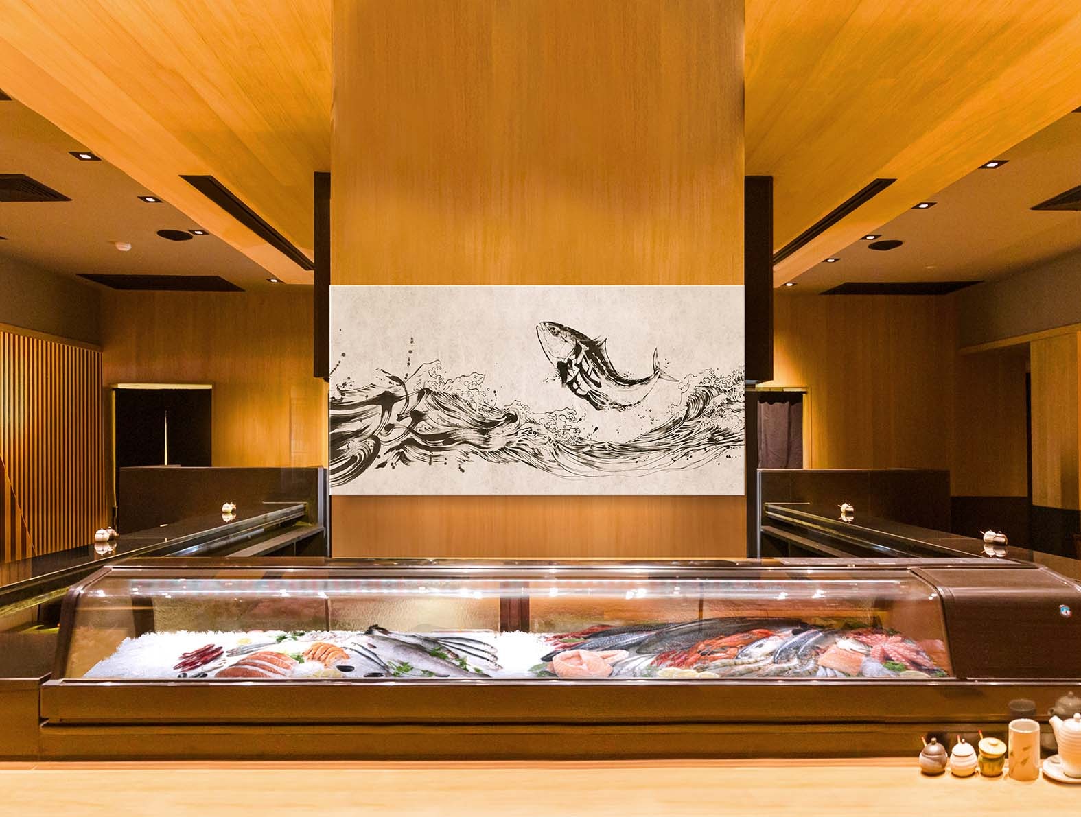 センスのいい水墨画の鰤のイラストの飲食店の壁紙