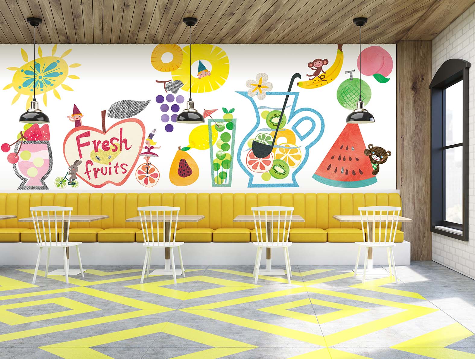 ポップで鮮やかなフルーツのイラストのカフェの壁紙