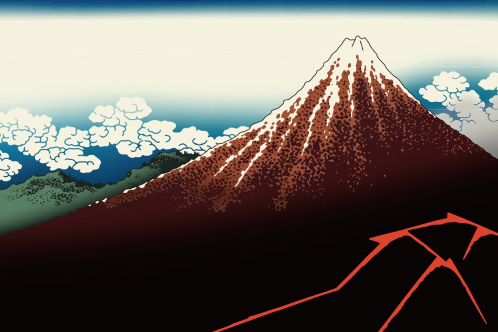 日本画のような赤富士のイラスト