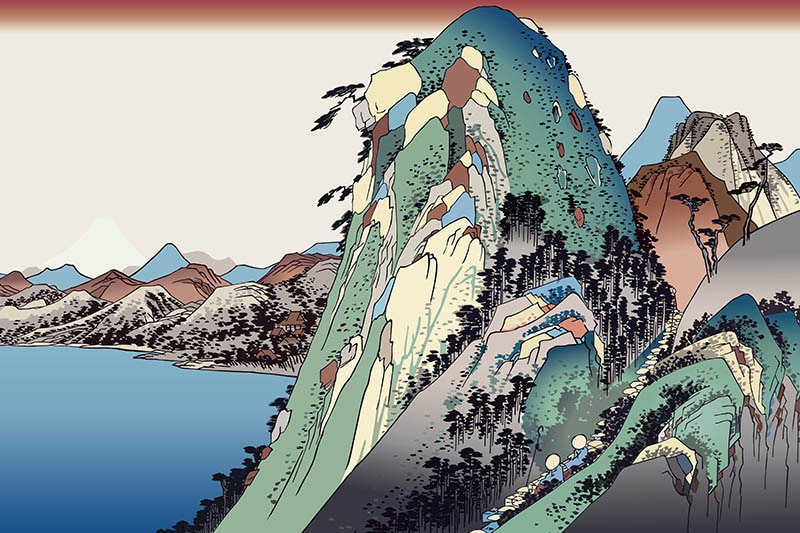 色とりどりの山々が描かれた日本画風のイラスト