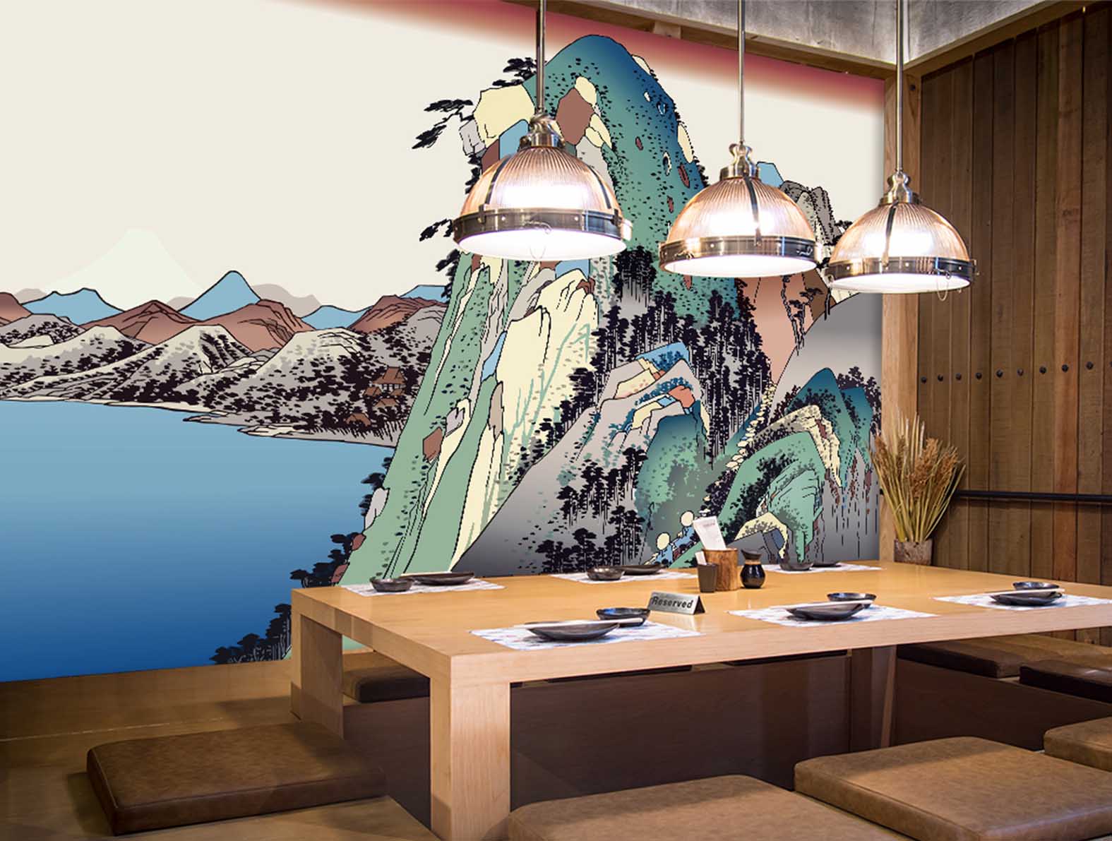 日本画風の山々が描かれた壁紙の居酒屋
