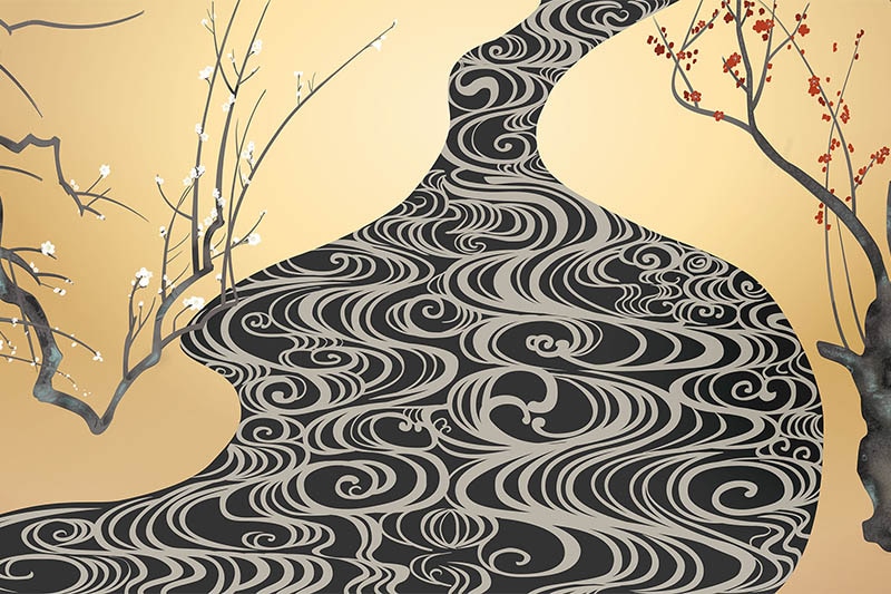 梅の木の間を流れる川のイラスト