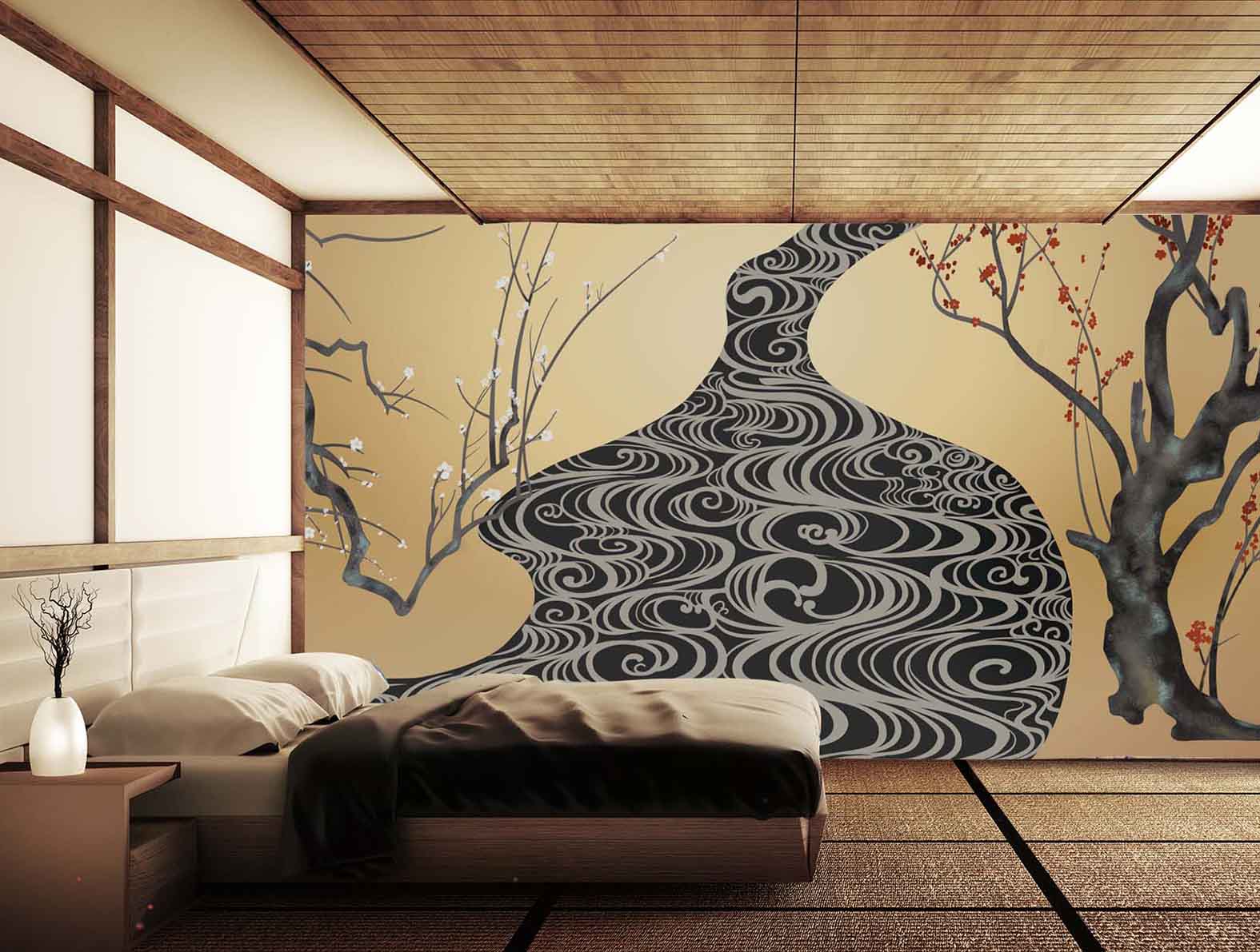 梅の木と川のイラストの壁紙が貼られた客室