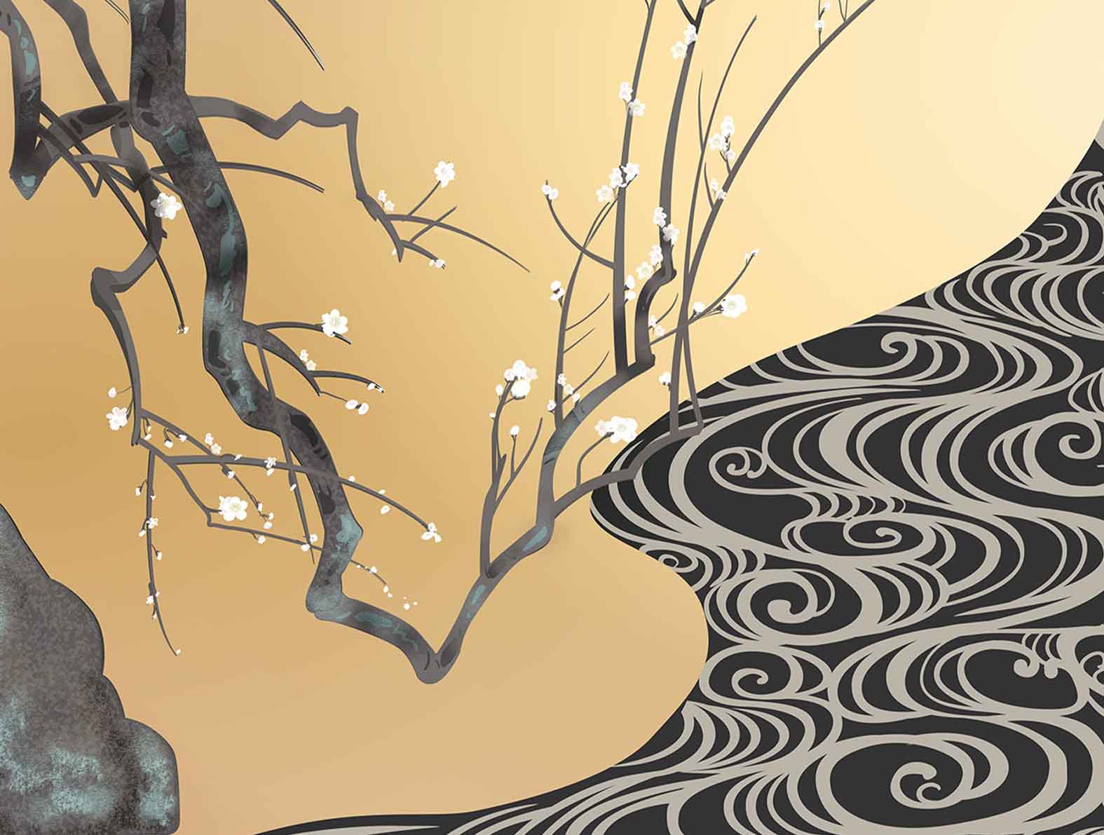 梅の木の下を流れる川のイラスト
