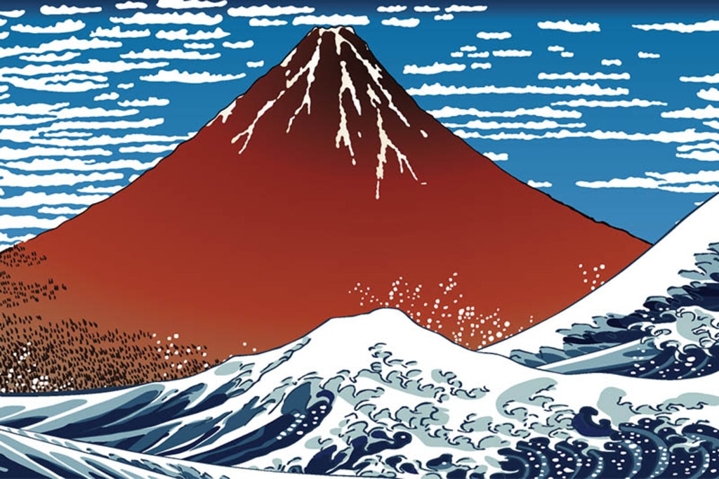 日本画風の赤富士と波のイラスト