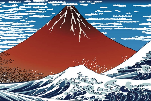 日本画風の赤富士と波のイラスト