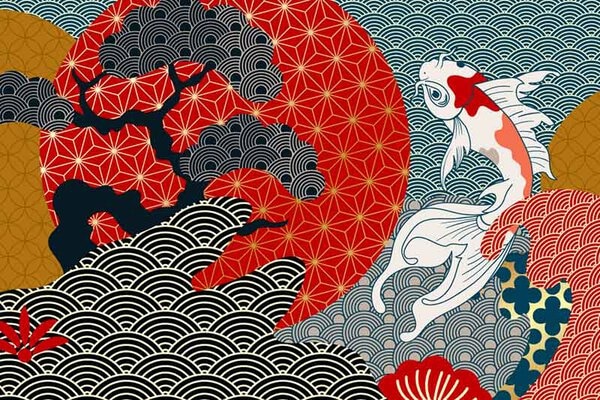 和柄と金魚のおしゃれなイラスト