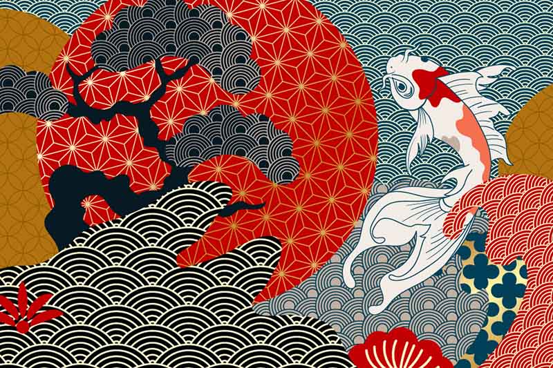 和柄と金魚のおしゃれなイラスト