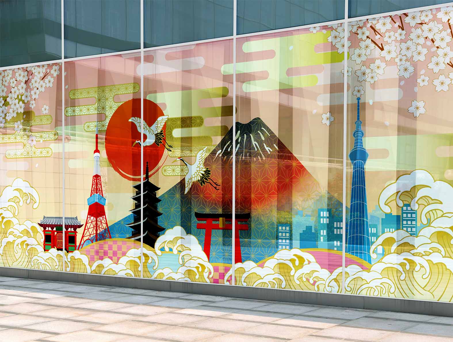 日本の建物のイラストのガラスフィルムが貼られた商業施設