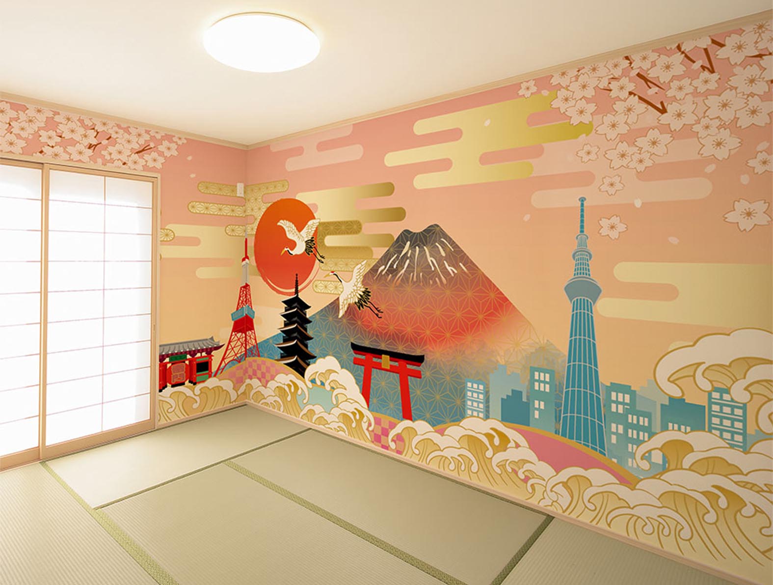 日本の建物のイラストの壁紙が貼られた和室