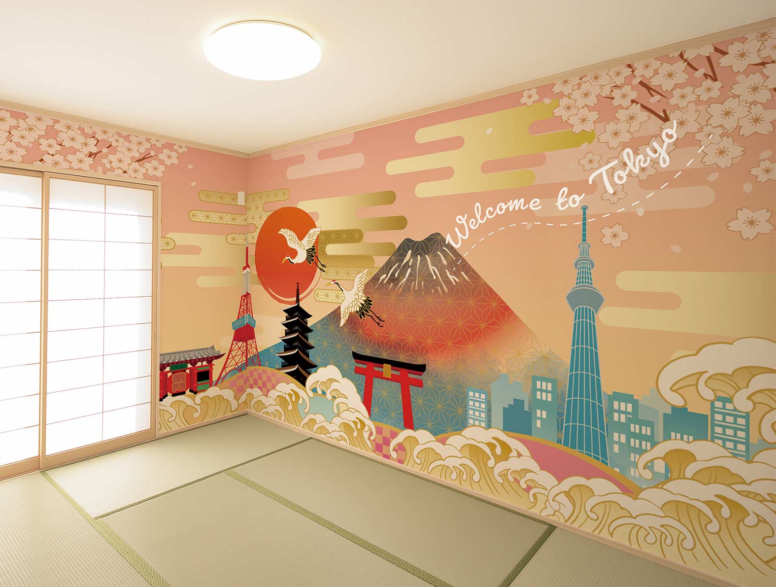 日本の建物のイラストの壁紙が貼られた和室