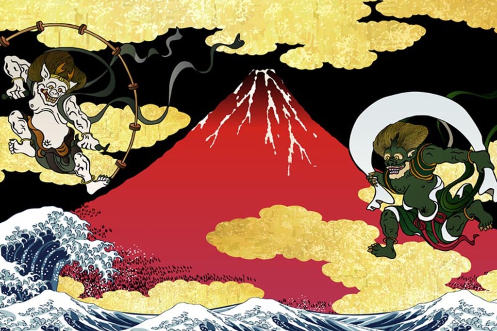 赤富士や風神雷神を日本画風に描いたイラスト